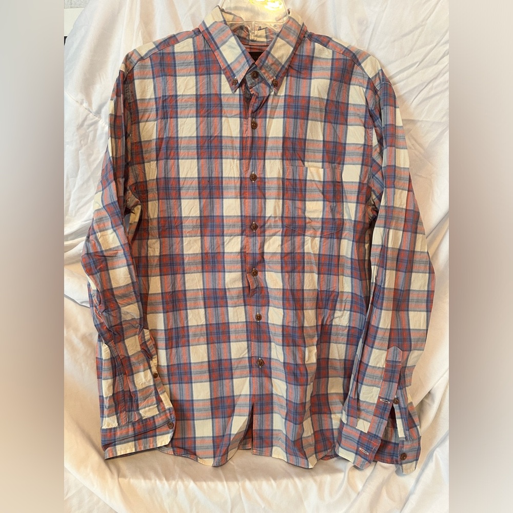 J.Crew Men’s blue white orange plaid long sleeve button down shirt size L